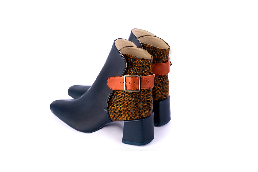 Women's navy blue and terracotta orange elegant ankle boots, with buckles at the back. Square toe. Medium block heels - Rear view